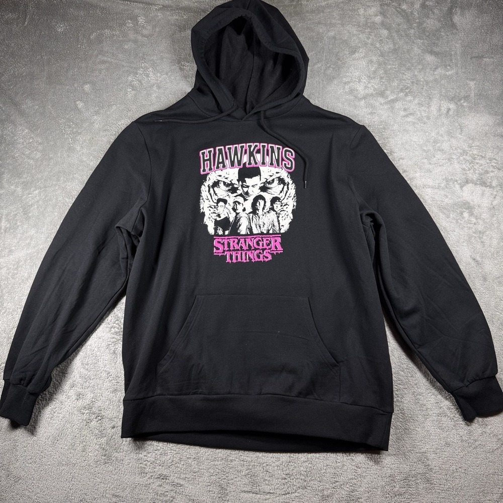 Stranger Things Hawkins Graphic Hoodie Men's XL Black Pullover Netflix NWT